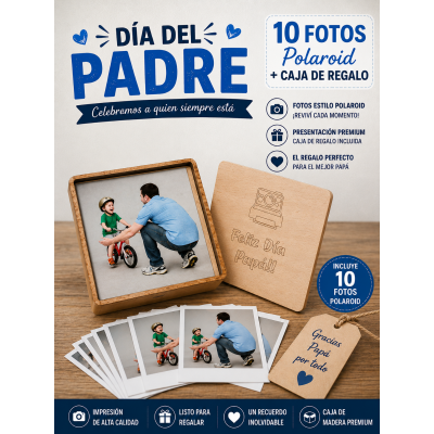 10 Fotos Polaroid + caja con texto Feliz Día Papá